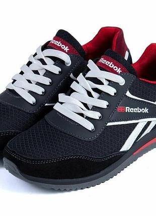 Летние мужские кроссовки, кожа (замш)/сетка, reebok цвет черный, белый, красный, размер 40-45