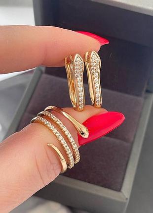 Набор медсплав медзолото, фианиты камушины, серьги и кольцо змея змеи