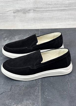 Замшеві чоловічі лофери чорні, туфлі натуральна замша, сліпони чоловічі 316