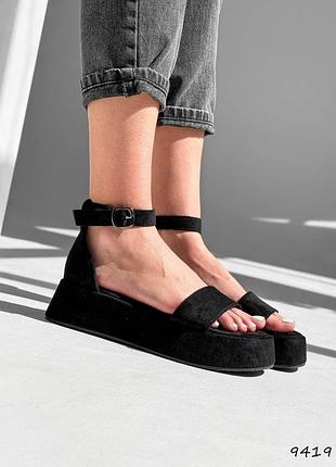 Sale женские черные босоножки на платформе танкетке летние эко-замша лето