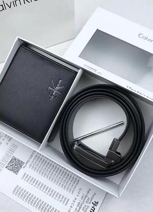 Мужской кошелек + ремень calvin klein черный / коричневый на подарок