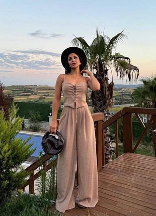 Хороший удобный женский брючный костюм на лето из натуральной ткани pur-048