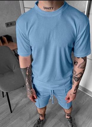 Костюмі чоловічий базовий спортивний в рубчик футболка шорти комплект чорний сірий синій