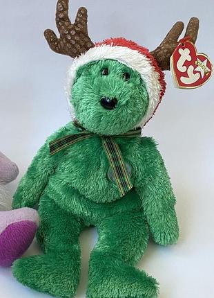 Коллекционная мягкая игрушка мишка ty новогодний медведь в шапке оленя the beanie babies collection 2002 holiday teddy