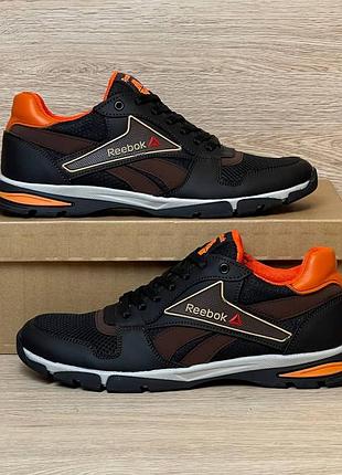 Кроссовки мужские reebok, летние, кожа сетка, цвет черный/ оранжевый, размер 40-45