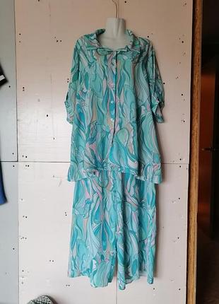 Легкий летний женский костюм длинные широкие юбки штаны палаццо и рубашка с коротким рукавом