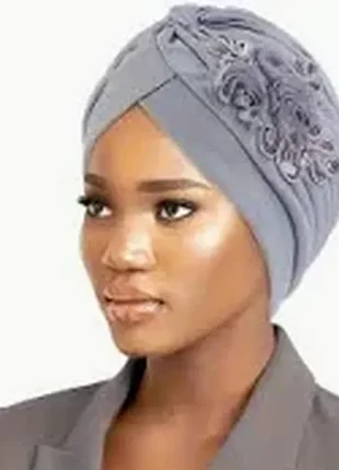 Шапка чалма тюрбан жіноча літня зі стрейч світло-сіро синій