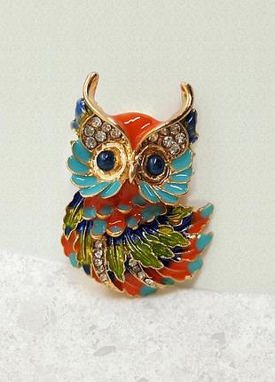 ✨🦉 яркая брошь "сова" голубая и оранжевая эмаль, кристаллы