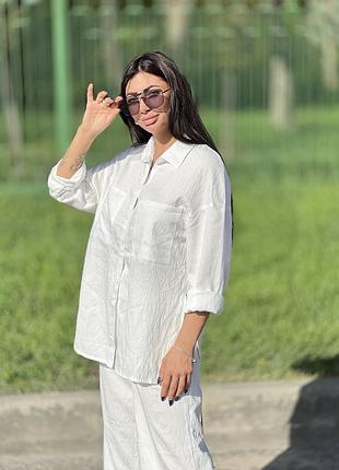 Костюм женской рубашка и брюки из льна белый костюм на каждый день повседневный костюм