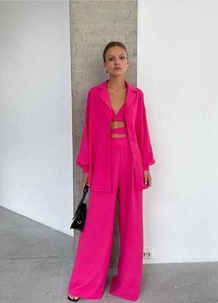 Костюм фуксія жіночий літній 3-ка, штани палацо+сорочка+топ, малиновий