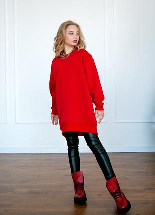 Платье-свитшот красное повседневное на флисе на девочку-подростка рост 140-176