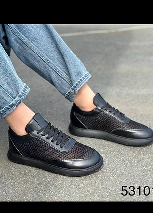 Женские летние анатомические кеды натуральная кожа и сетка черные 53101