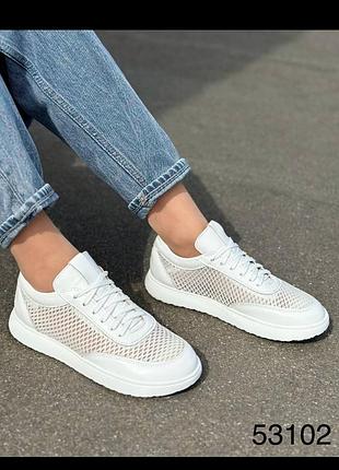 Анатомические женские летние кеды натуральная кожа и сетка белые 53102
