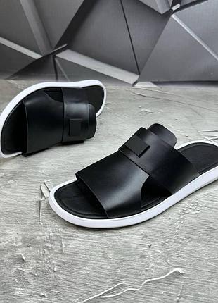 Шльопанці чоловічі чорні з високоякісної м'якої натуральної шкіри, сланці шльопки люкс якість