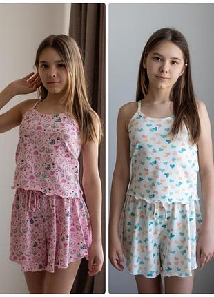 Легкая пижама хлопковая для девочек майка и свободные шортики, комплект домашний майка шорты