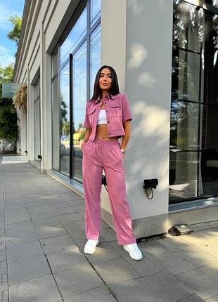 Жіночий вельветовий костюм | кофта з коротким рукавом та штани | 2066