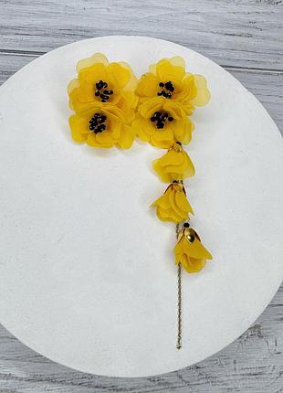Сережки квіти квіткові жовті асиметричні ручної роботи