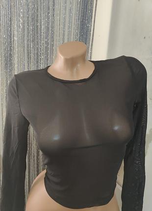 Короткий топ кроп сеточка shein,черный, длинный рукав, размер xs/34