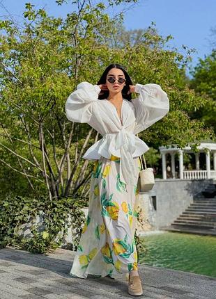 Довга літня шифонова спідниця принт лимони