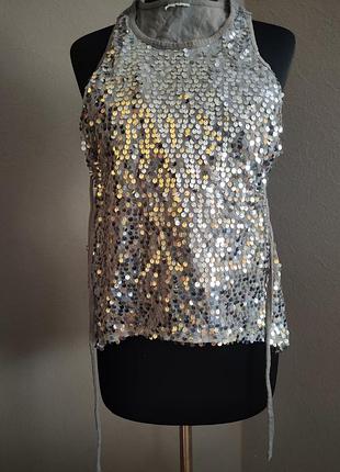 Блестящая майка женская серебристая с пайетками