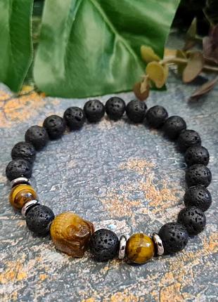 🔺🐯✨ классный браслет резинка "будда" натуральный камень тигровый глаз и лава