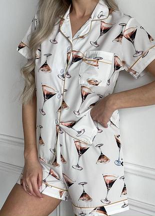 Жіноча піжама з шортами 💗 легка жіноча  піжама у принт бокал 💕 біла піжамка з бокалами