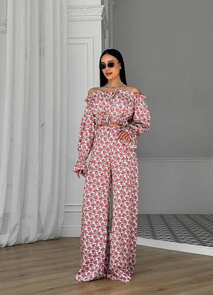 Брючный летний костюм топ с длинными рукавами и штаны свободного кроя