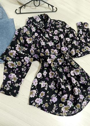 Рубашка с рукавами лен с цветами женская