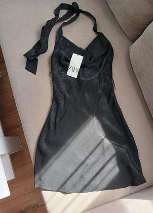 Черное сатиновое мини платье zara🖤