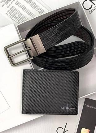 Мужской набор кошелек ремень с металлической бляшкой calvin klein в побарочной упаковке