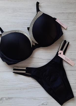 Черный купальник со стразами стразы с камнями victoria's secret двойной пуш-ап 32в 34д