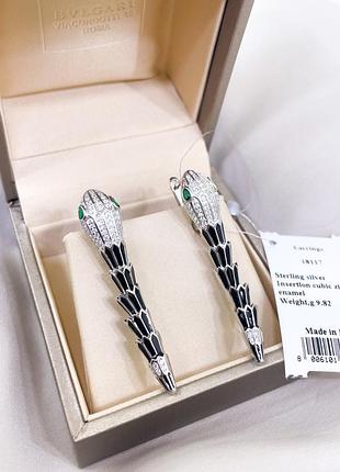 Серебряные серьги сережки булгари bulgari массивная крупная змея змейка с камнями классика стильное тренд серебро проба 925 новое с биркой