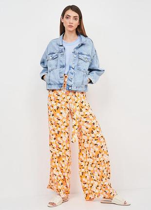 Віскозні штани палаццо з розрізами квітковий принт брюки на високий зріст