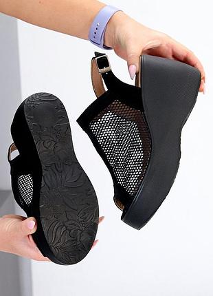 Эффектные черные босоножки на платформе натуральная замша + сетка