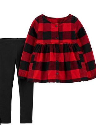 Комплект рубашка-блуза в клетку+черные лосины для девочки на 1-2 р.