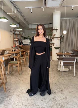 Жіночий костюм трійка топ без бритель прямі штани палаццо та кардиган