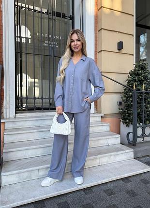 Женский лошадочный костюм из льна темно серый графит оверсайз-рубашка с v вырезом и штаны палаццо