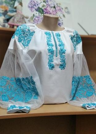 Блуза вышиванка белая женская с вышивкой и прозрачными рукавами. размер 48 l
