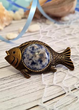 🔺🐟✨ оригинальная брошь "рыба" в винтажном стиле натуральный камень содалит