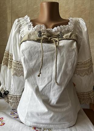 Австрійська бавовняна блуза з натуральним мереживом в стилі котеджкор country line vintage stories