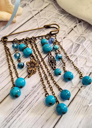 🔺🩵🔵⛓️оригинальная брошь с подвесками натуральный камень бирюза