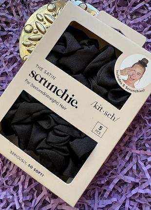 Набір люксових чорних атласних гумок для сну kitsch black satin sleep scrunchies 5 pc set