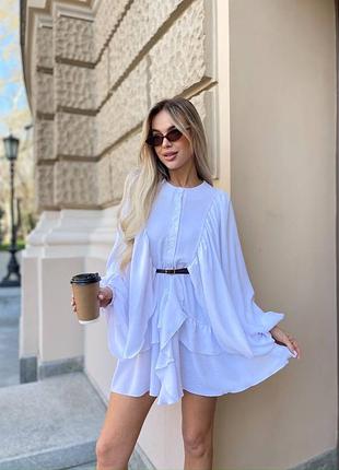 Ніжна міні сукня волани рюші багатошарова широкий довгий рукав приталена гудзики