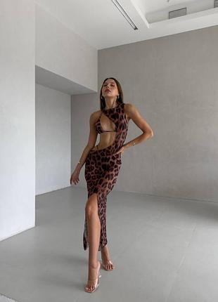 Комплект тройка купальник леопардовый принт рисунок анималистичный бикини раздельное парео платье