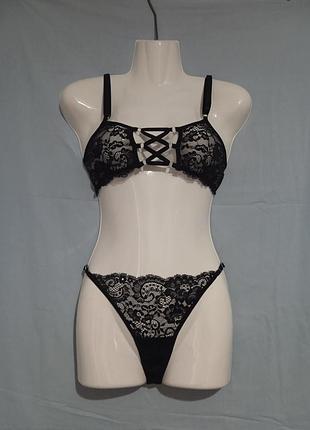 Комплект ліф з імітацією шнурівки корсету і трусики стрінги мережеві на регуляторах