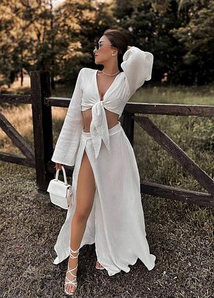 Муслін легкий літній костюм топ сорочка довгий широкий рукав завязка максі спідниця з вирізом