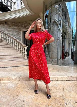 Платье красное в горох из натуральной ткани