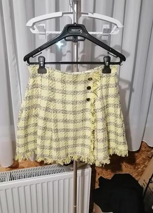 Юбка твидовая zara в клетку с бахромой имеет аромат секонда
