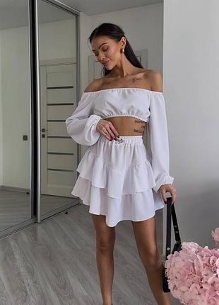 Жіночий костюм літній топ з відкритими плечима і + спідниця з воланами легкий ярусна білий чорний