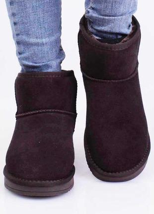 Стильні коричневі натуральні замшеві зимові чоботи короткі уггі2 фото